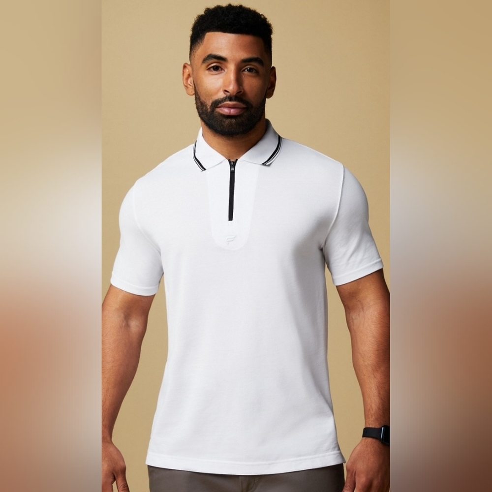 Fabletics The Dash Quarter Zip Polo White with Black Trim